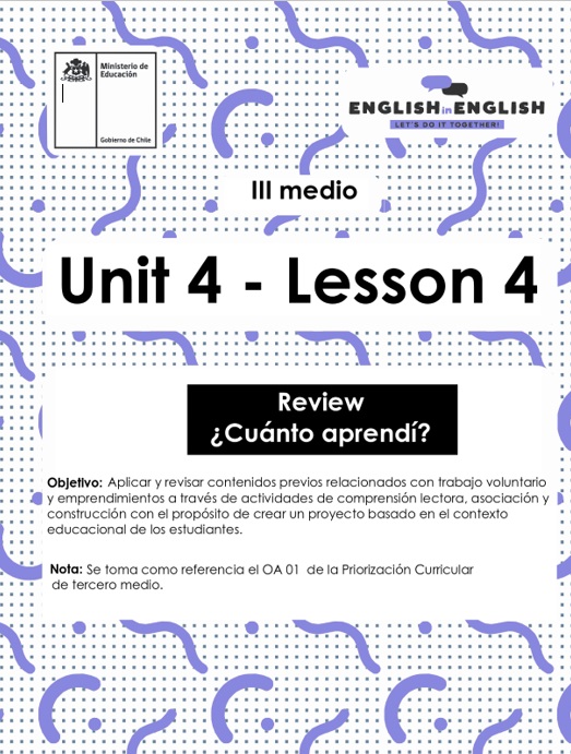 Actividades: Inglés 3° Medio Unidad 4 - Lesson 4 Imagen portada
