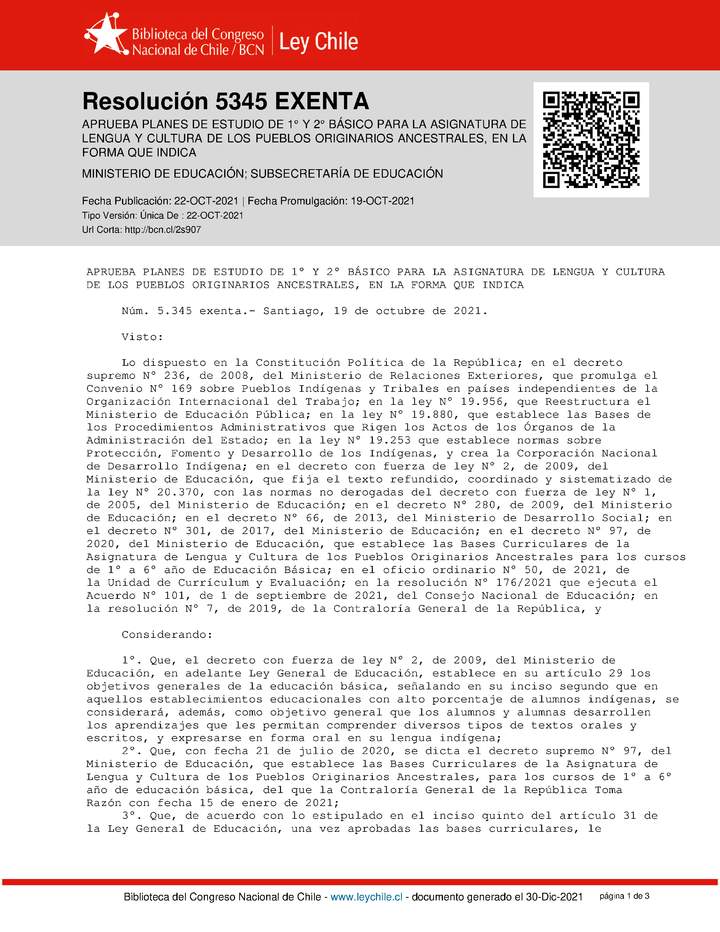 Plan de estudio asignatura lengua y cultura de los pueblos originarios ancestrales 1° y 2° año básico Imagen portada
