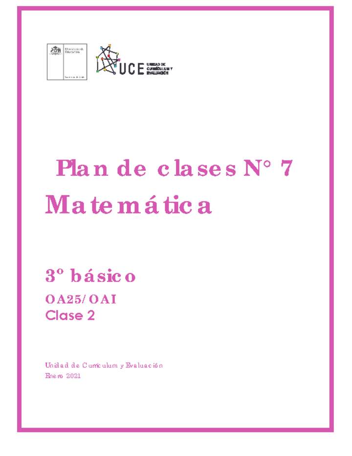 Plan de clase N° 7 Matemática 3° básico OA25 OAl (2020) Clase 2 Imagen portada