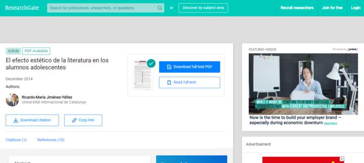Researchgate: El efecto estético de la literatura en los alumnos adolescentes Imagen portada