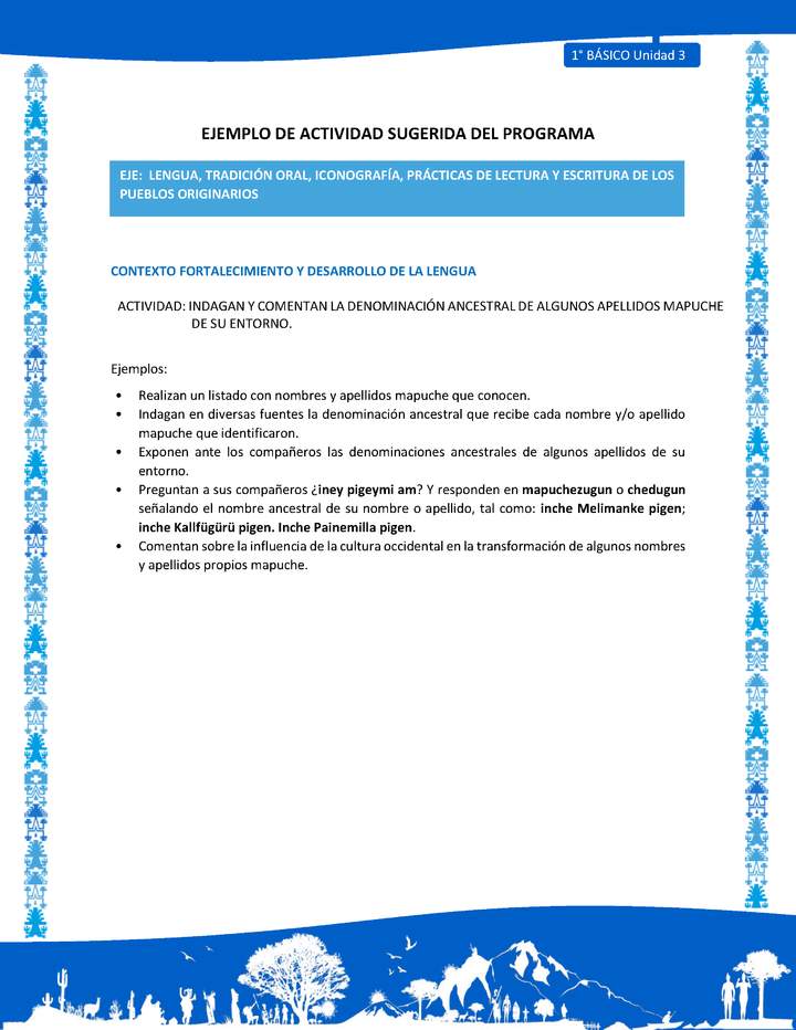 Actividad sugerida: LC01 - Mapuche - U3 - N°6: INDAGAN Y COMENTAN LA DENOMINACIÓN ANCESTRAL DE ALGUNOS APELLIDOS MAPUCHE DE SU ENTORNO. Imagen portada