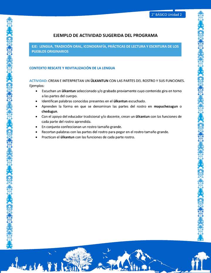 Actividad sugerida: LC02 - Mapuche - U2 - N°2:CREAN E INTERPRETAN UN ÜLKANTUN CON LAS PARTES DEL ROSTRO Y SUS FUNCIONES Imagen portada