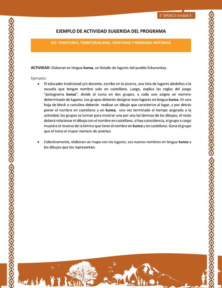 Actividad sugerida: LC01 - Lickanantay - U3 - N°4: ELABORAN EN LENGUA KUNSA, UN LISTADO DE LUGARES DEL PUEBLO LICKANANTAY. Imagen portada