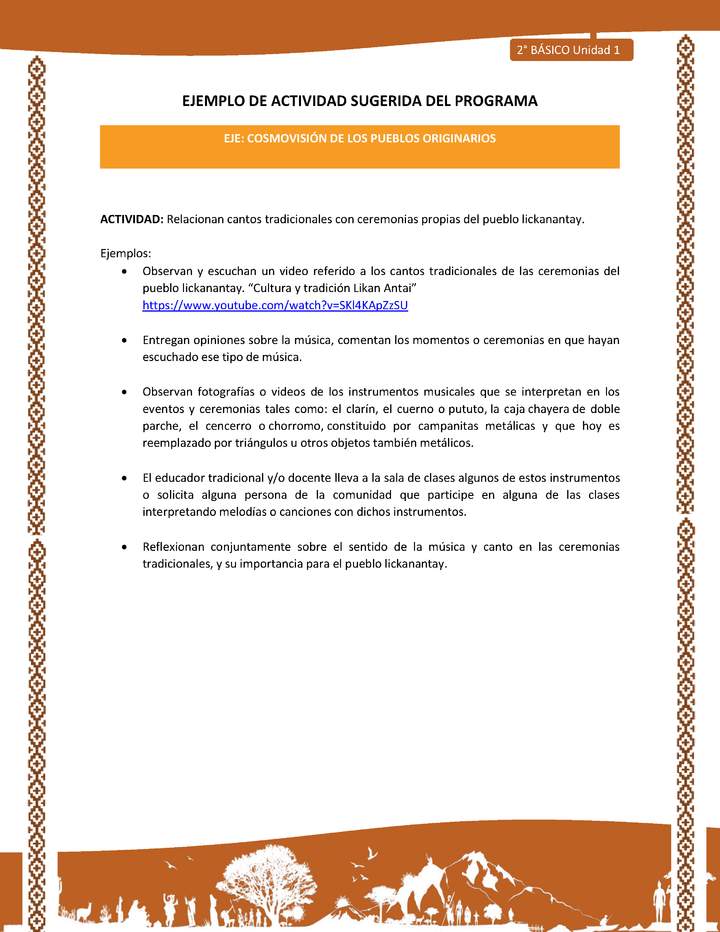 Actividad sugerida: LC02 - Lickanantay - U1 - N°8: RELACIONAN CANTOS TRADICIONALES CON CEREMONIAS PROPIAS DEL PUEBLO LICKANANTAY. Imagen portada