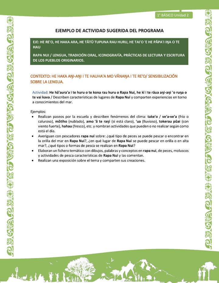 Actividad sugerida LC01 - Rapa Nui - U2 - N°18: Describen características de lugares de Rapa Nui y comparten experiencias en torno a conocimientos del mar. Imagen portada