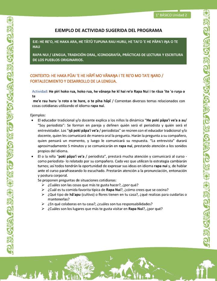 Actividad sugerida LC01 - Rapa Nui - U2 - N°29: Comentan diversos temas relacionados con cosas cotidianas utilizando el idioma rapa nui. Imagen portada