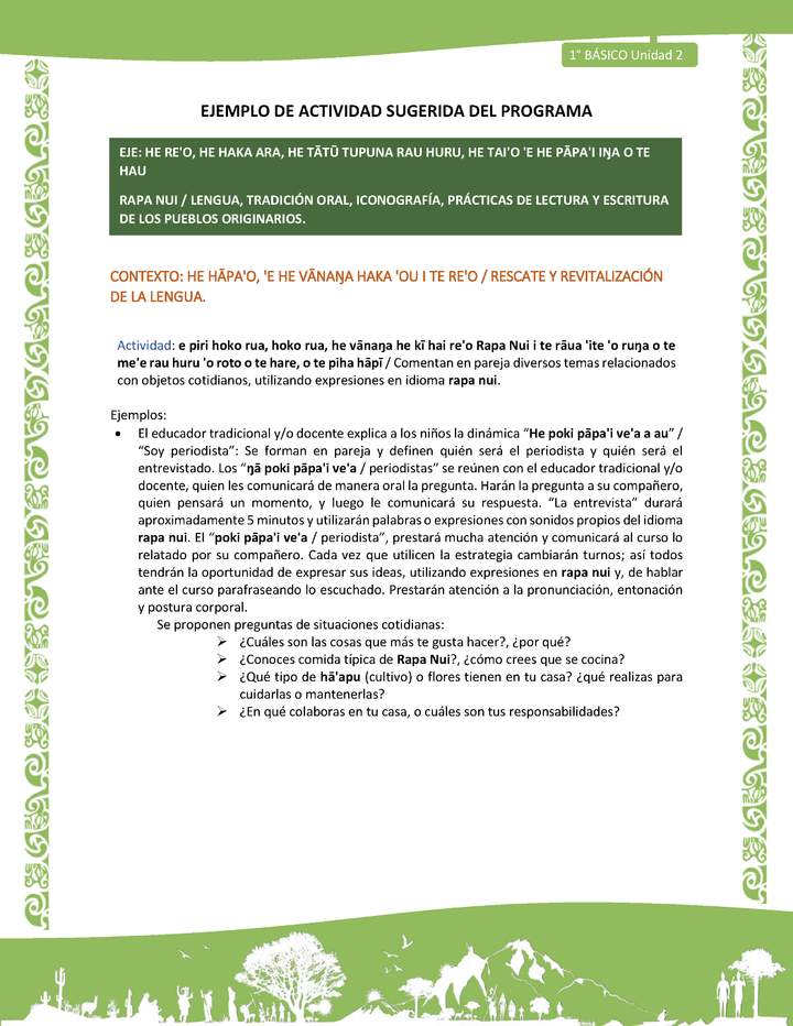 Actividad sugerida LC01 - Rapa Nui - U2 - N°24: Comentan en pareja diversos temas relacionados con objetos cotidianos, utilizando expresiones en idioma rapa nui. Imagen portada