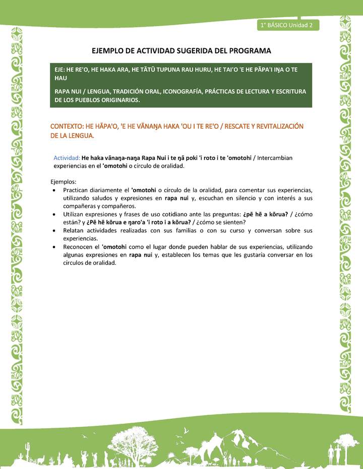 Actividad sugerida LC01 - Rapa Nui - U2 - N°22: Intercambian experiencias en el 'omotohi o círculo de oralidad. Imagen portada