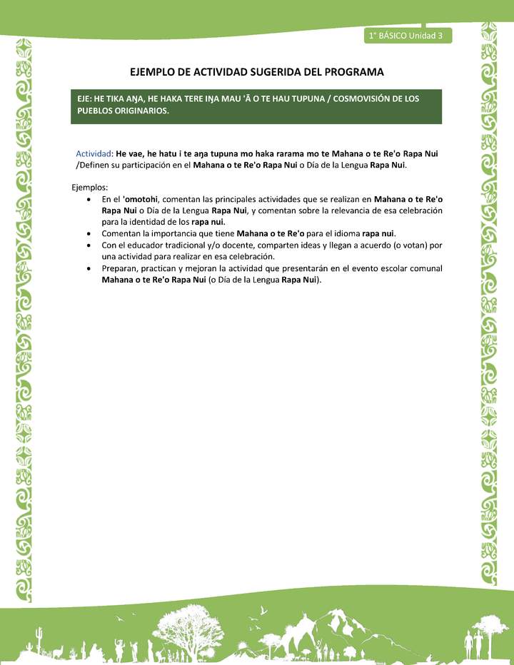 Actividad sugerida LC01 - Rapa Nui - U3 - N°58: Definen su participación en el Mahana o te Re'o Rapa Nui o Día de la Lengua Rapa Nui. Imagen portada