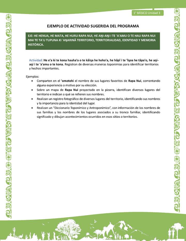 Actividad sugerida LC01 - Rapa Nui - U3 - N°56: Registran de diversas maneras toponimias para identificar territorios y hechos importantes. Imagen portada