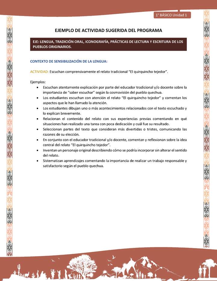 Actividad sugerida LC01 - Quechua - U1 - N°01: Escuchan comprensivamente el relato tradicional “El quirquincho tejedor”. Imagen portada