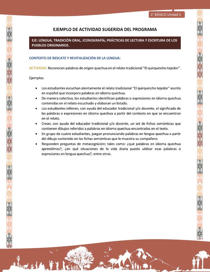 Actividad sugerida LC01 - Quechua - U1 - N°03: Reconocen palabras de origen quechua en el relato tradicional “El quirquincho tejedor”. Imagen portada