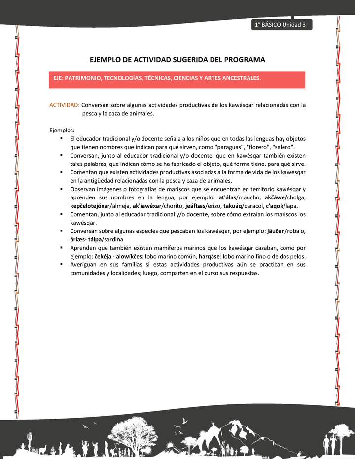 Actividad sugerida: LC01 - KAWÉSQAR - U3 - N°5: CONVERSAN SOBRE ALGUNAS ACTIVIDADES PRODUCTIVAS DE LOS KAWÉSQAR RELACIONADAS CON LA PESCA Y LA CAZA DE ANIMALES. Imagen portada
