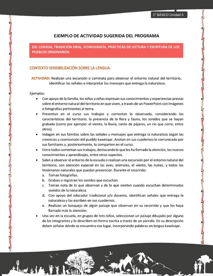 Actividad sugerida: LC02 - KAWÉSQAR - U4 - N°1: REALIZAN UNA EXCURSIÓN O CAMINATA PARA OBSERVAR EL ENTORNO NATURAL DEL TERRITORIO, IDENTIFICAR LAS SEÑALES E INTERPRETAR LOS MENSAJES QUE ENTREGA LA NATURALEZA. Imagen portada