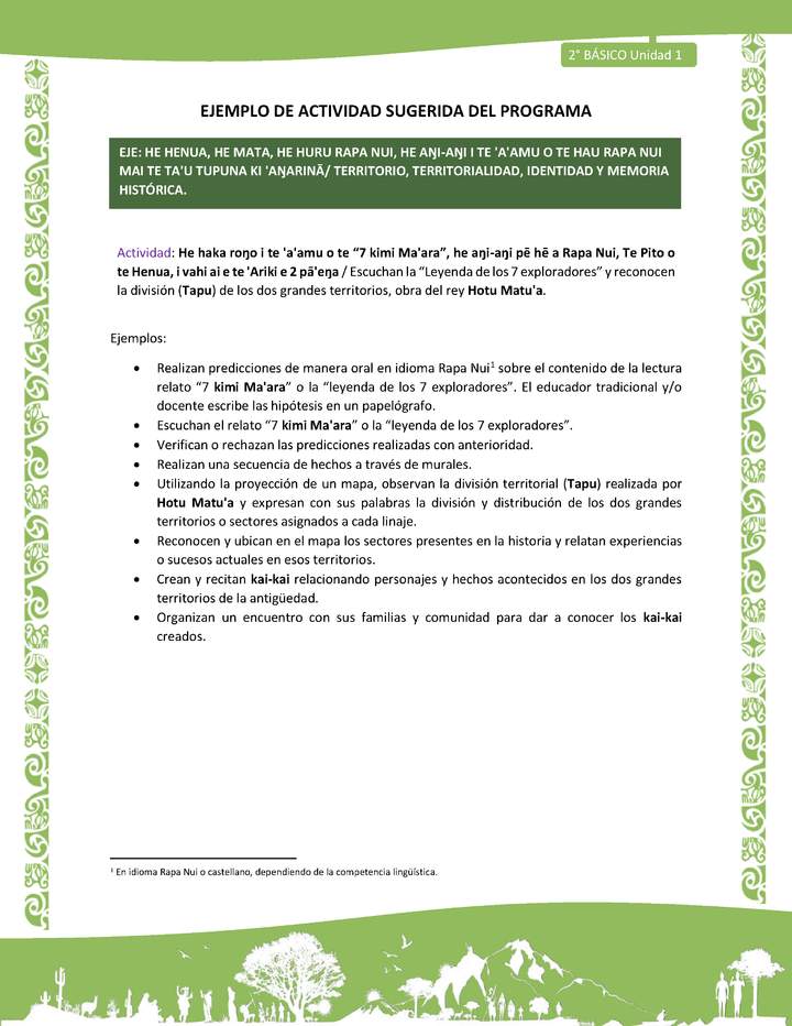 Actividad sugerida LC02 - Rapa Nui - U1 - N°12: Escuchan la “Leyenda de los 7 exploradores” y reconocen la división (Tapu) de los dos grandes territorios, obra del rey Hotu Matu'a. Imagen portada
