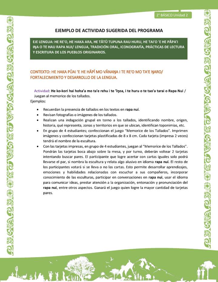 Actividad sugerida LC02 - Rapa Nui - U2 - N°16: Juegan al memorice de los tallados. Imagen portada