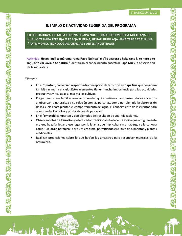 Actividad sugerida LC02 - Rapa Nui - U2 - N°32: Identifican el conocimiento ancestral Rapa Nui y la observación de la naturaleza. Imagen portada