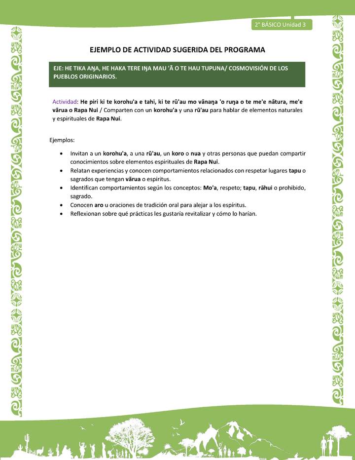 Actividad sugerida LC02 - Rapa Nui - U3 - N°13: Comparten con un korohu'a y una rū'au para hablar de elementos naturales y espirituales de Rapa Nui. Imagen portada