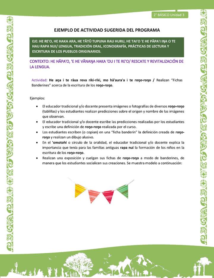 Actividad sugerida LC02 - Rapa Nui - U3 - N°03: Realizan “Fichas Banderines” acerca de la escritura de los roŋo-roŋo. Imagen portada