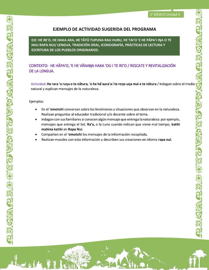 Actividad sugerida LC02 - Rapa Nui - U4 - N°04: Indagan sobre el medio natural y explican mensajes de la naturaleza. Imagen portada
