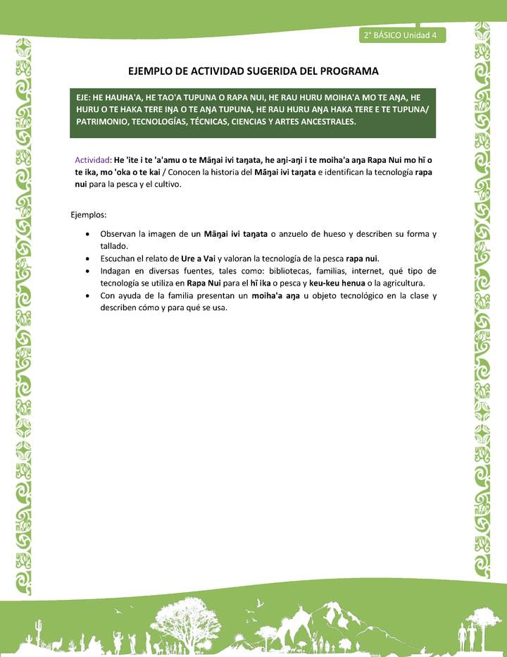 Actividad sugerida LC02 - Rapa Nui - U4 - N°16: Conocen la historia del Māŋai ivi taŋata e identifican la tecnología rapa nui para la pesca y el cultivo. Imagen portada
