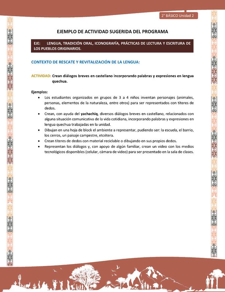 Actividad sugerida LC02 - Quechua - U2 - N°6: Crean diálogos breves en castellano incorporando palabras y expresiones en lengua quechua. Imagen portada