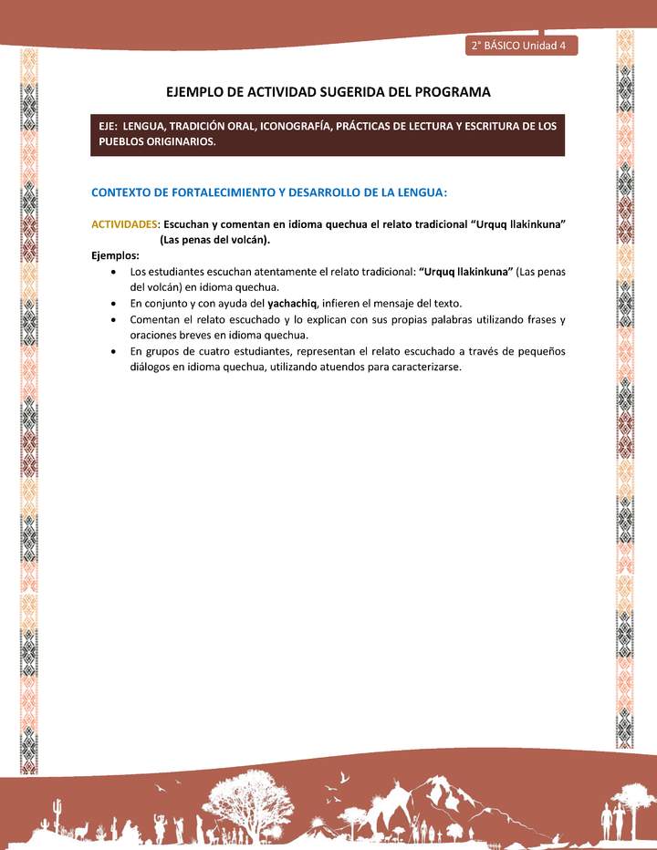 Actividad sugerida LC02 - Quechua - U4 - N°7: Escuchan y comentan en idioma quechua el relato tradicional “Urquq llakinkuna” (Las penas del volcán). Imagen portada