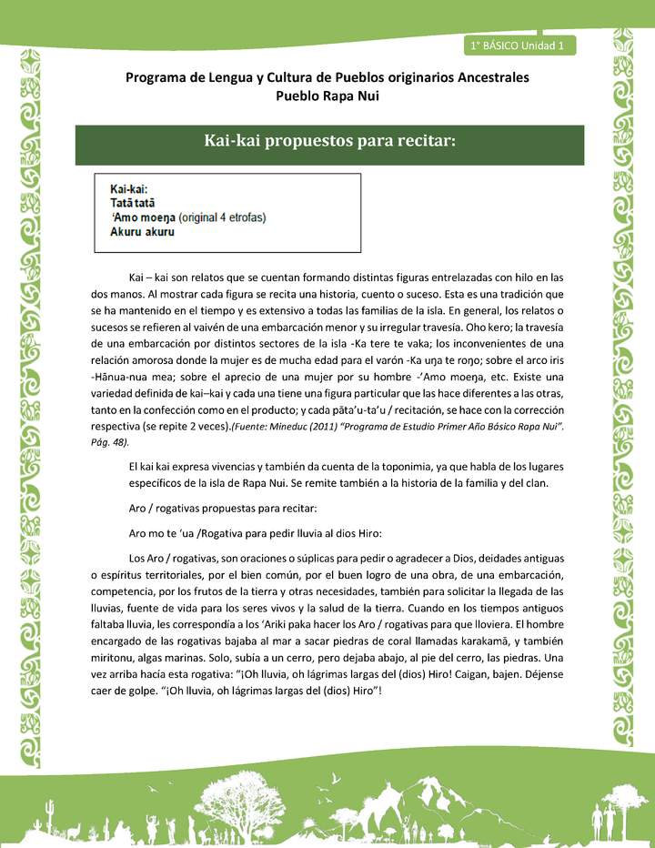 Orientaciones al docente - LC01 - Rapa nui - U1 - Kai-kai propuestos para recitar Imagen portada