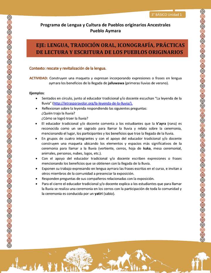 Construyen una maqueta y expresan incorporando expresiones o frases en lengua aymara los beneficios de la llegada de jalluwawa. Imagen portada