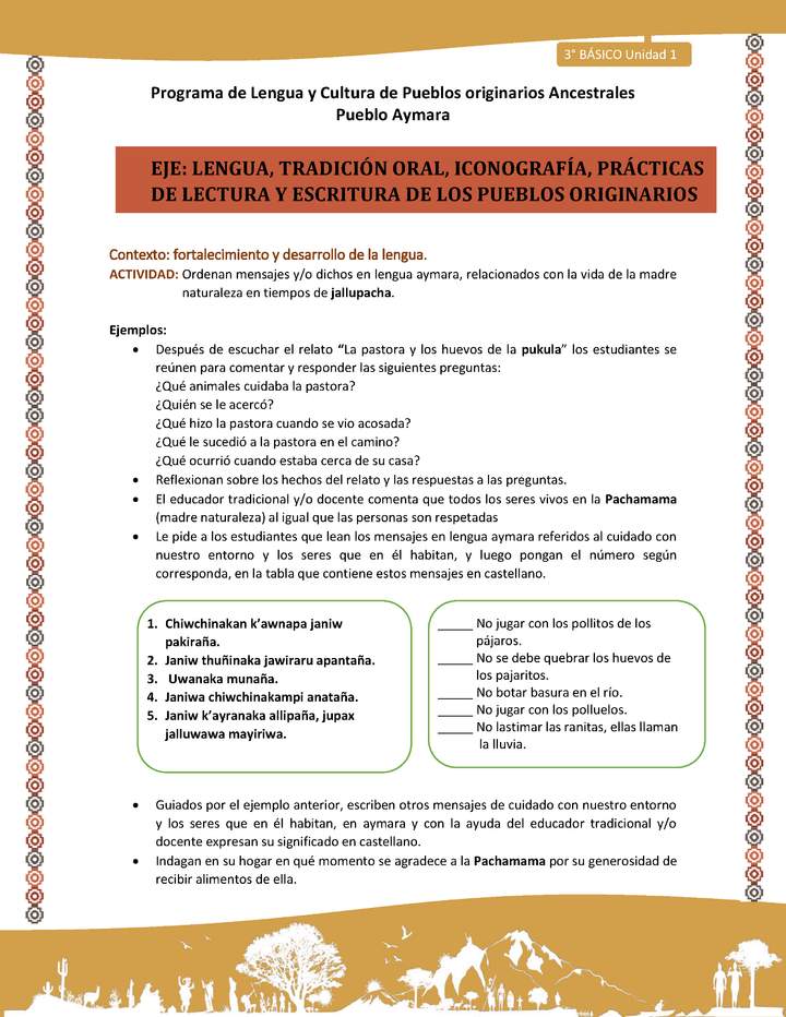 Ordenan mensajes y o dichos en lengua aymara, relacionados con la vida de la madre naturaleza en tiempos de jallupacha. Imagen portada