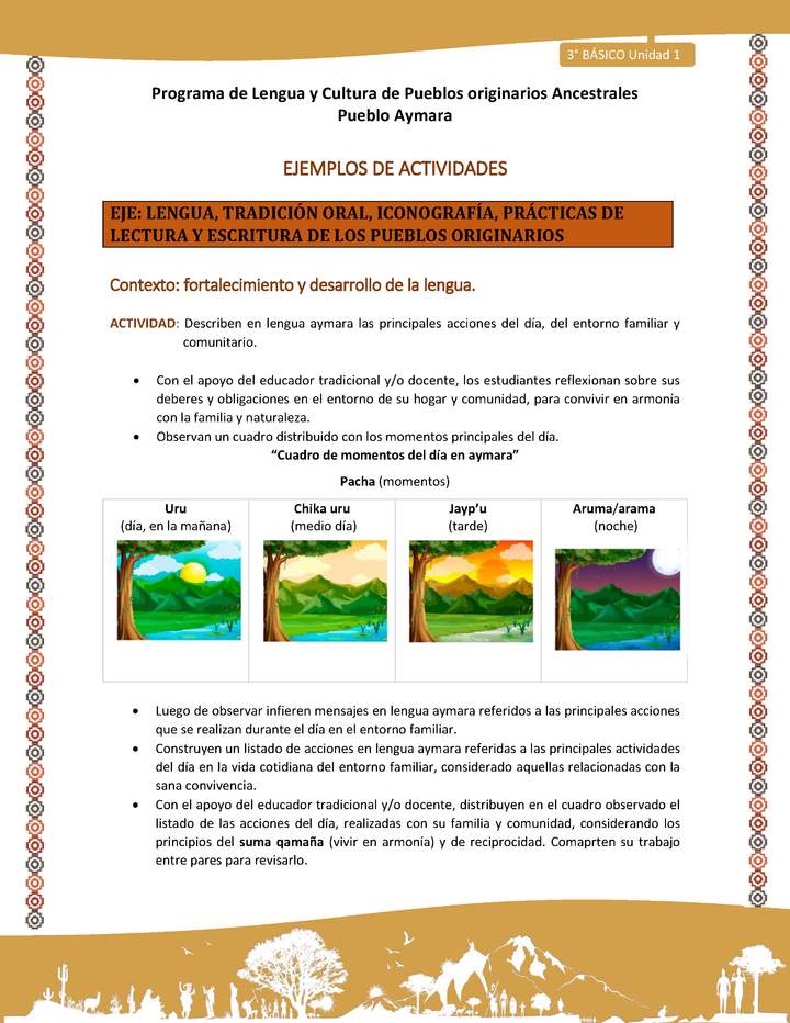 Describen en lengua aymara las principales acciones del día, del entorno familiar y comunitario. Imagen portada