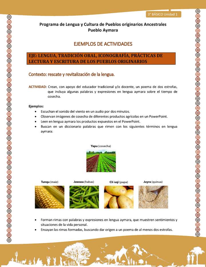 Crean, con apoyo del educador tradicional y/o docente, un poema de dos estrofas, que incluya algunas palabras y expresiones en lengua aymara sobre el tiempo de cosecha. Imagen portada