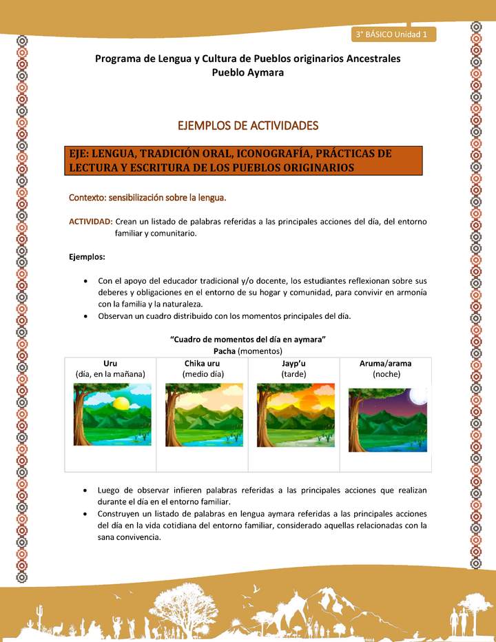 Crean un listado de palabras referidas a las principales acciones del día, del entorno familiar y comunitario. Imagen portada