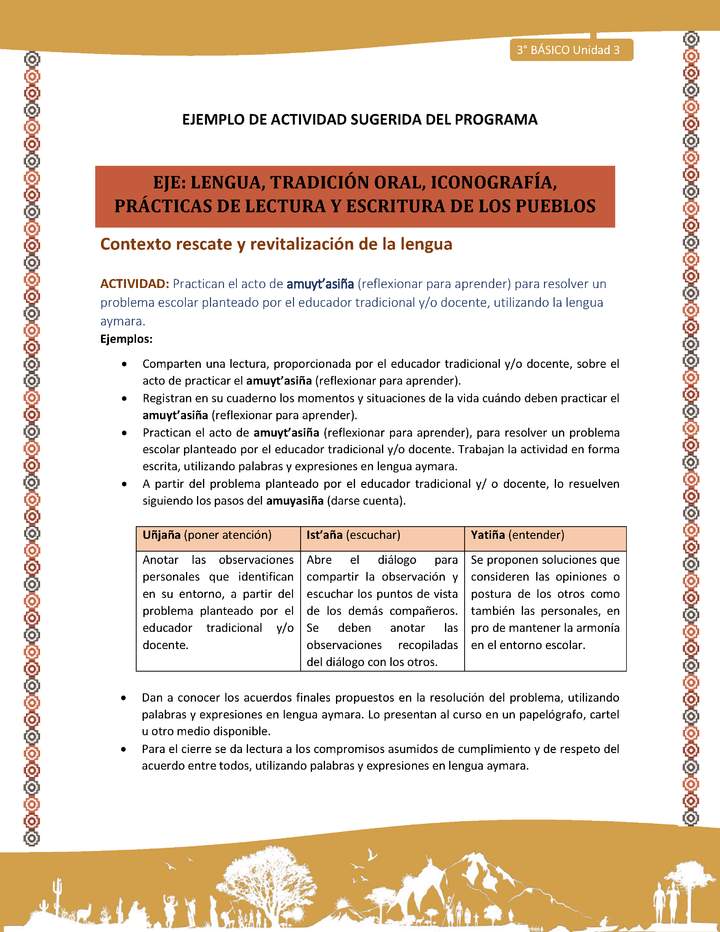 Practican el acto de amuyt’asiña (reflexionar para aprender) para resolver un problema escolar planteado por el educador tradicional y/o docente, utilizando la lengua aymara. Imagen portada