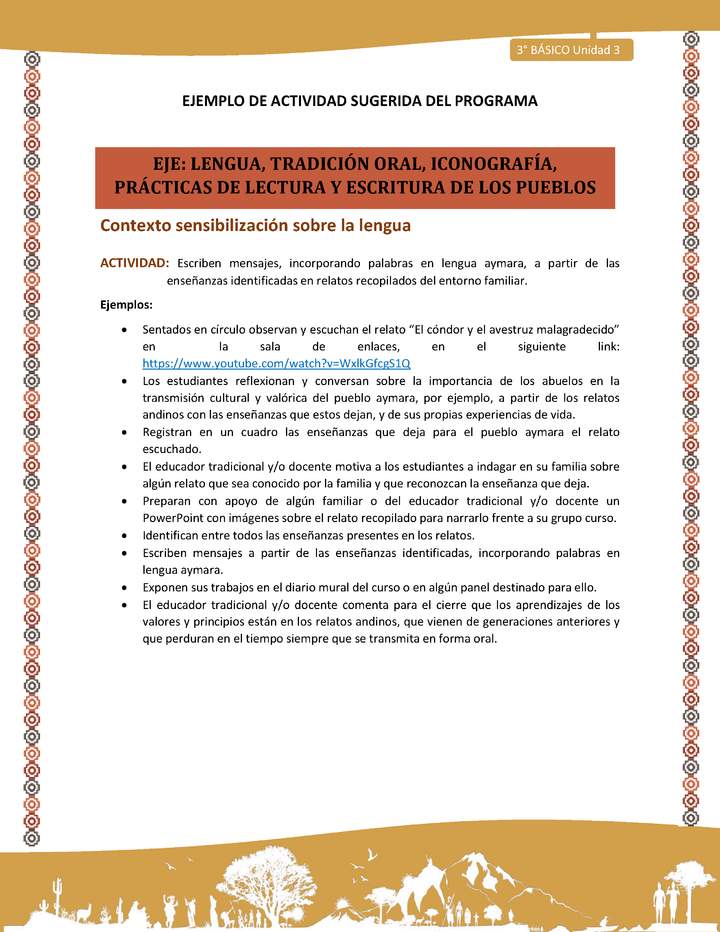 Escriben mensajes, incorporando palabras en lengua aymara, a partir de las enseñanzas identificadas en relatos recopilados del entorno familiar. Imagen portada