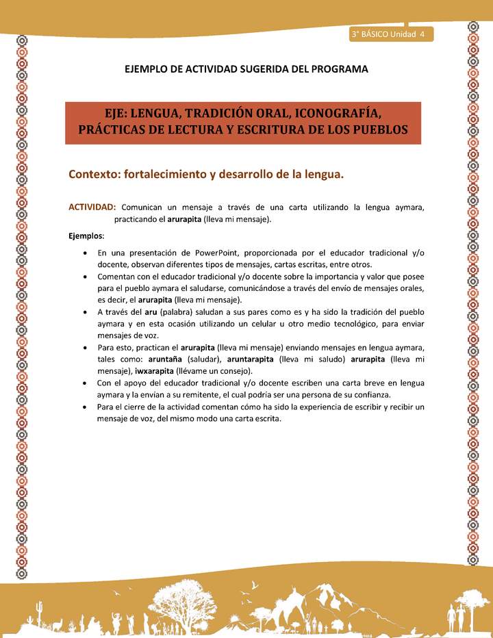Comunican un mensaje a través de una carta utilizando la lengua aymara, practicando el arurapita (lleva mi mensaje). Imagen portada