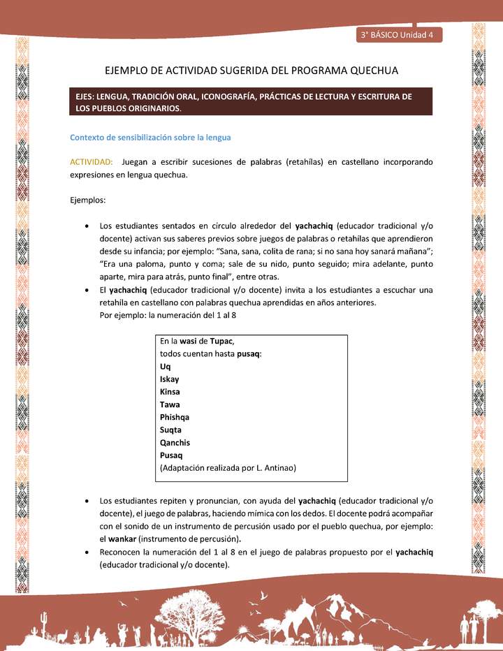 Juegan a escribir sucesiones de palabras (retahílas) en castellano incorporando expresiones en lengua quechua Imagen portada