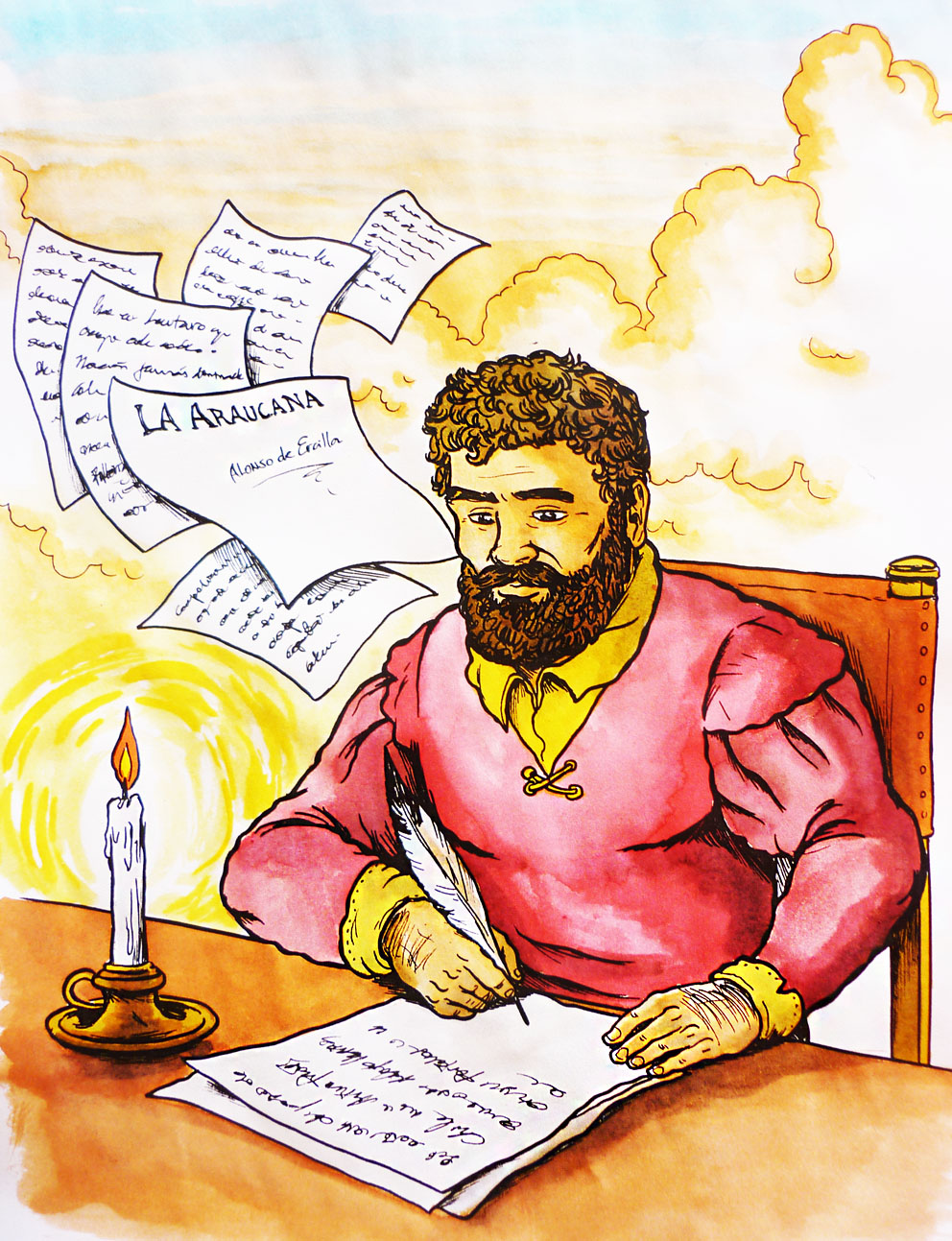 Alonso de Ercilla escribiendo La Araucana Imagen portada