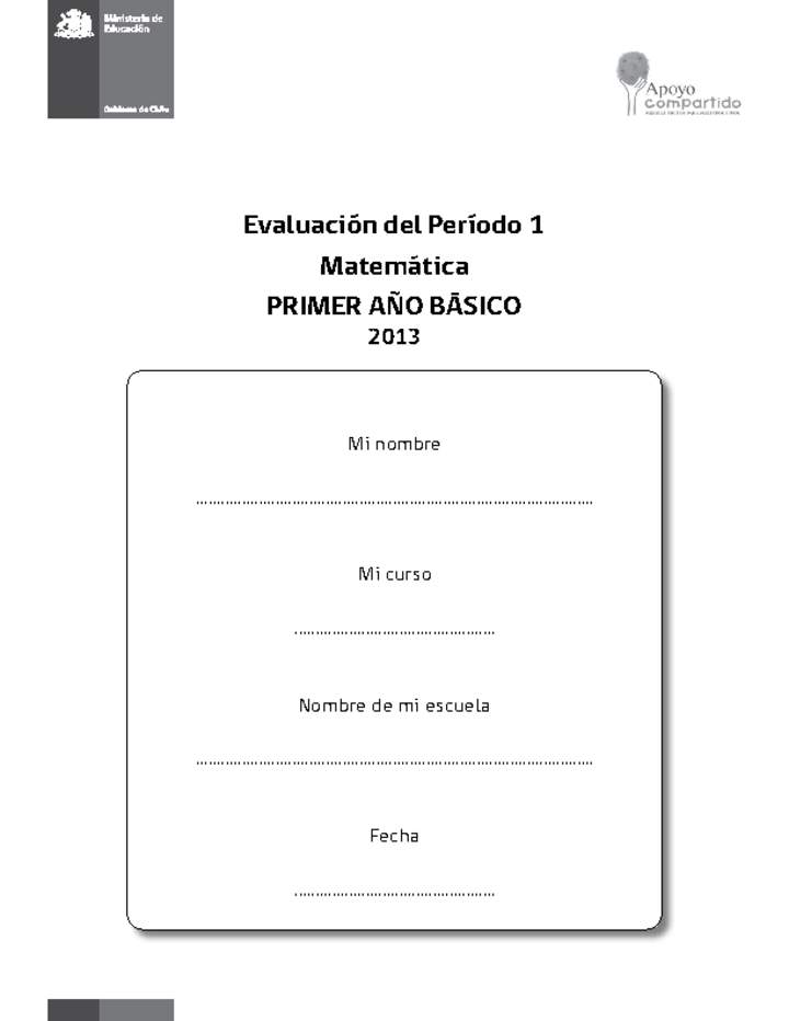 Plan de apoyo compartido: Matemática 1° básico, Unidad 1 Imagen portada