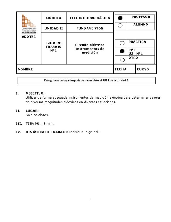 Guía de trabajo del docente electricidad básica, circuito eléctrico e instrumentos de medición. Imagen portada