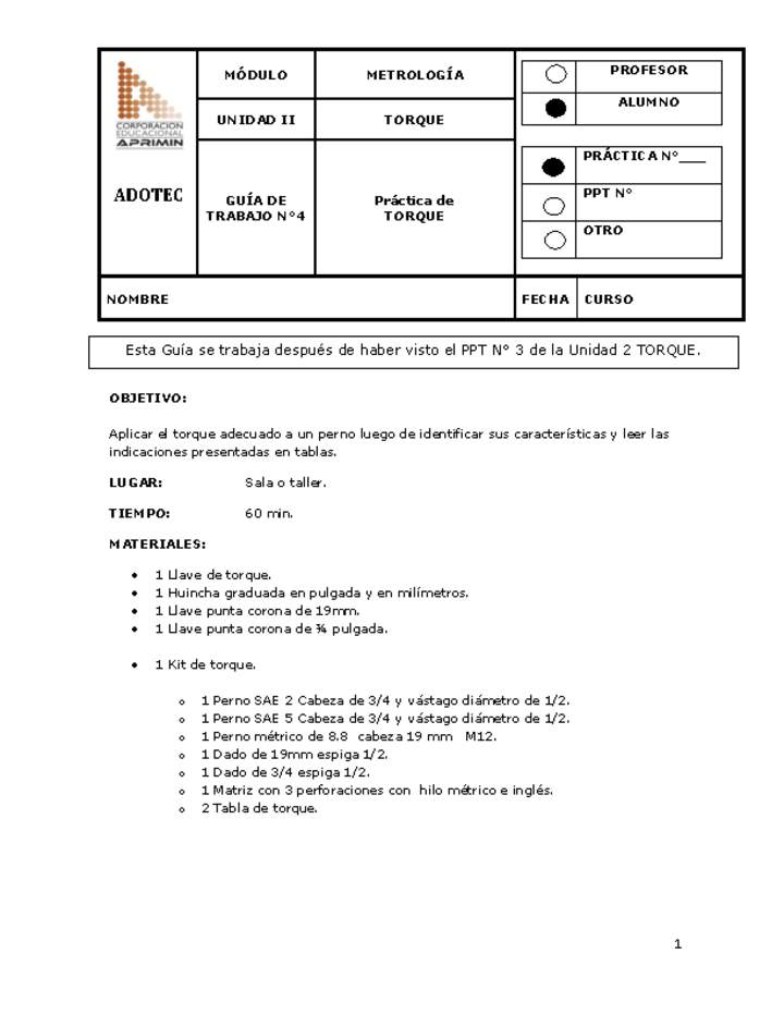 Guía de trabajo del estudiante Metrología, práctica de torque Imagen portada