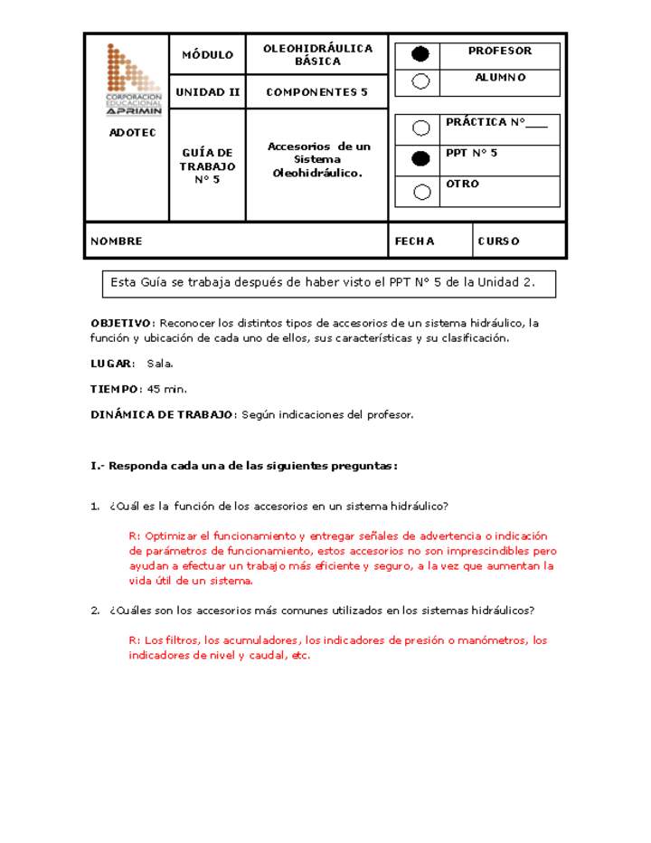 Guía de trabajo del docente Oleo-hidráulica, accesorios de un sistema oleo-hidráulico. Imagen portada