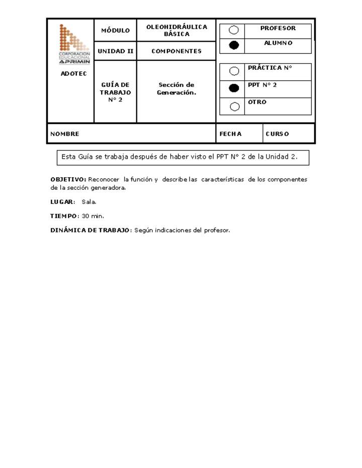 Guía de trabajo del estudiante Oleo-hidráulica, sección de generación. Imagen portada