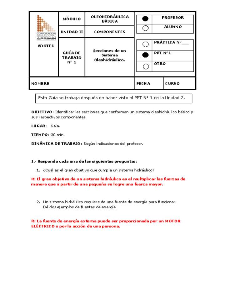 Guía de trabajo del docente Oleo-hidráulica, secciones de un sistema oleo-hidráulico. Imagen portada