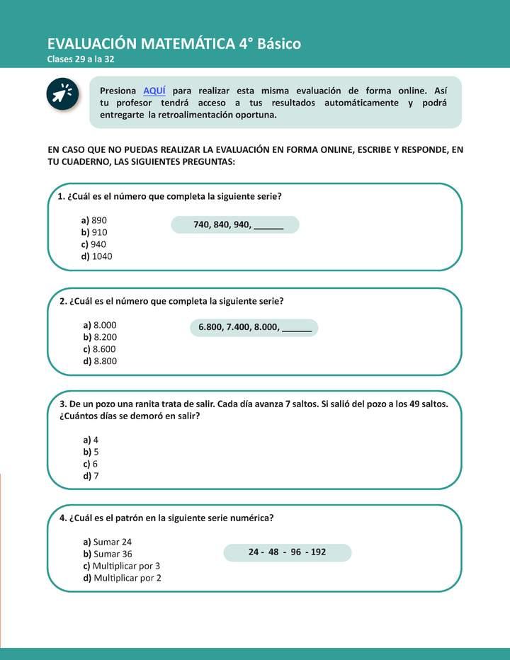 Evaluación Matemática 4° básico Unidad 1 Semana 8 Imagen portada