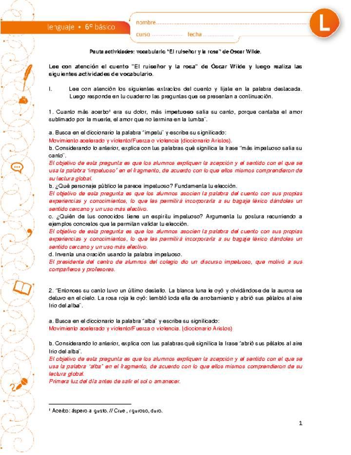 Vocabulario el ruiseñor y la rosa Imagen portada